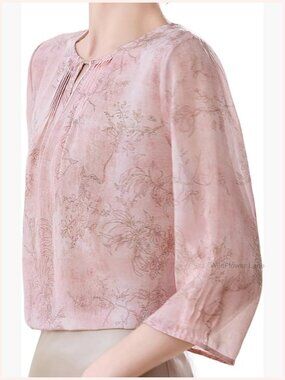 100% Silk Blouse 3/4 Sleeve Floral Print Elegant Work Top